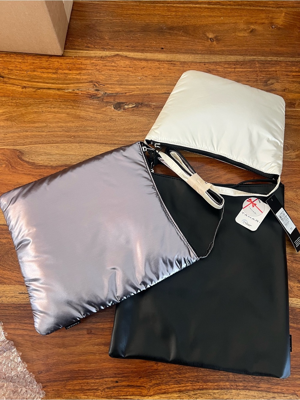 3-Piece Puffer Crossbody and Pouches Set - Metallic purple, White, Black